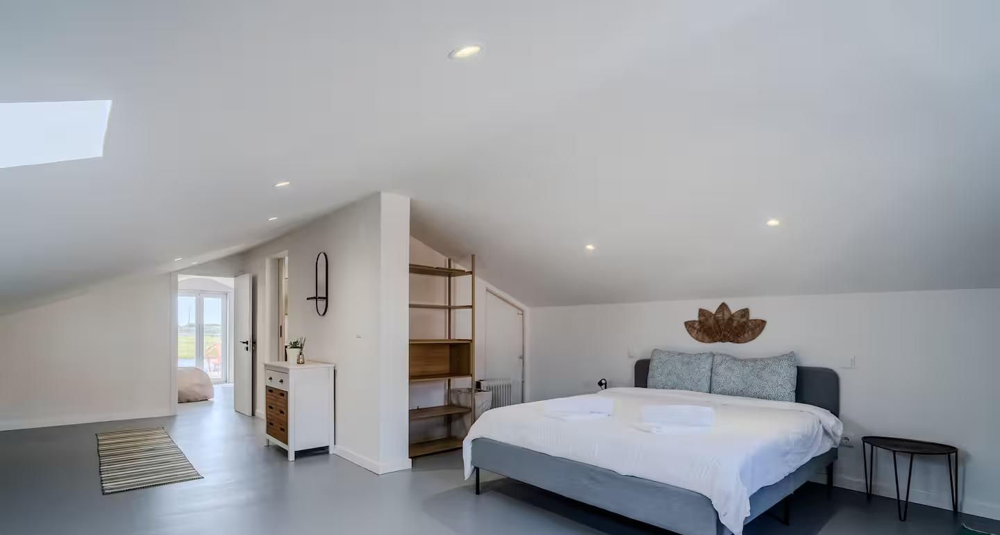 The converted attic floor, with bedroom and skylights